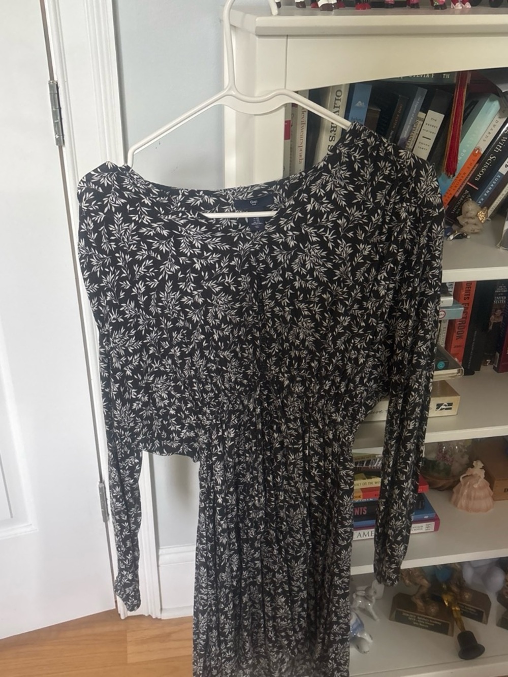 GAP Black Dress with White Leaf Print — Long Sleeve